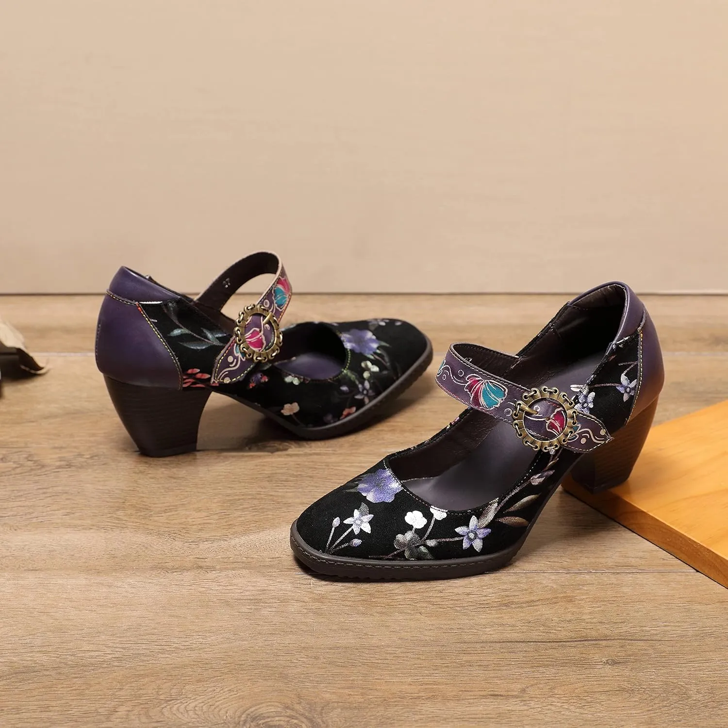 CrazycatZ Leather Mary Jane Shoes,Womens Patchword Pumps Vintage Mary Jane Shoes