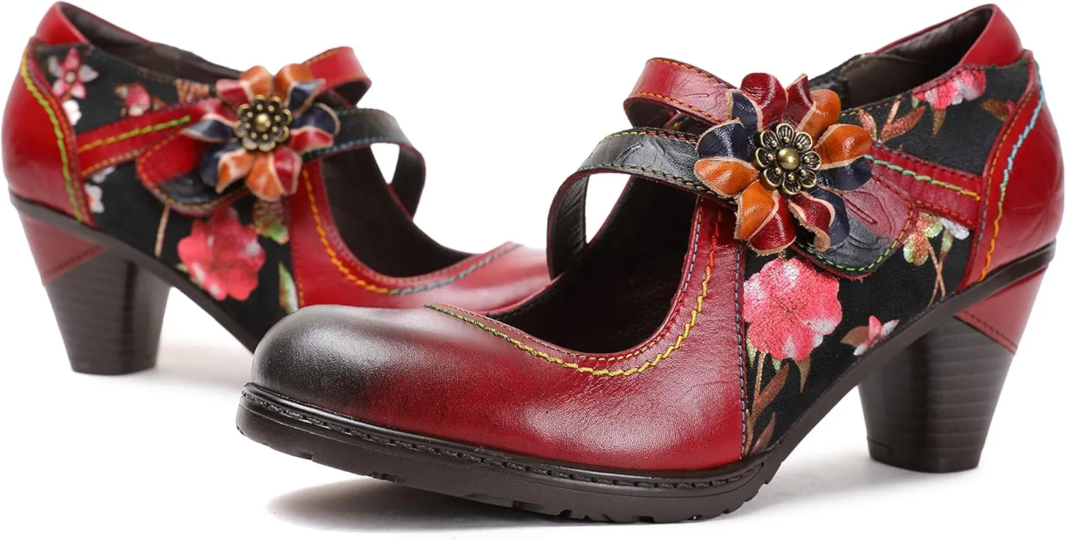 CrazycatZ Leather Mary Jane Shoes,Womens Patchword Pumps Vintage Mary Jane Shoes