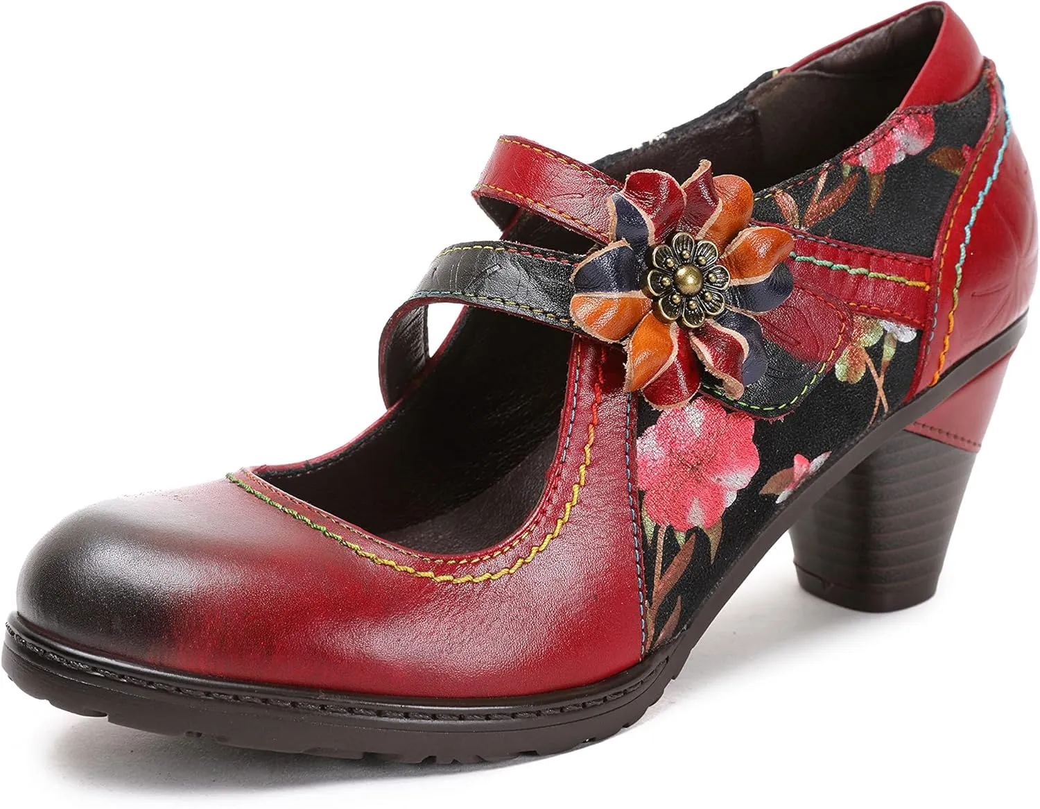 CrazycatZ Leather Mary Jane Shoes,Womens Patchword Pumps Vintage Mary Jane Shoes