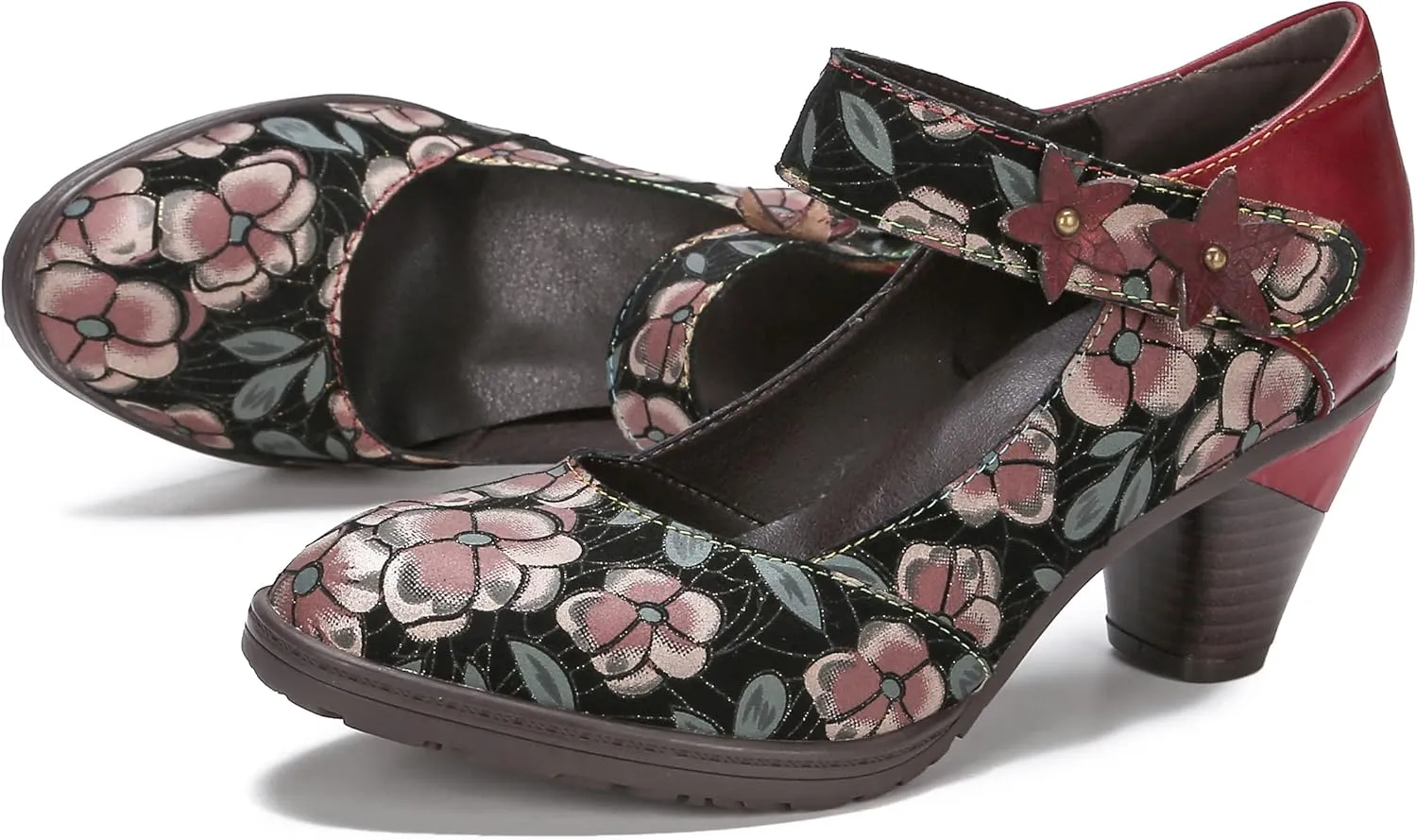 CrazycatZ Leather Mary Jane Shoes,Womens Patchword Pumps Vintage Mary Jane Shoes