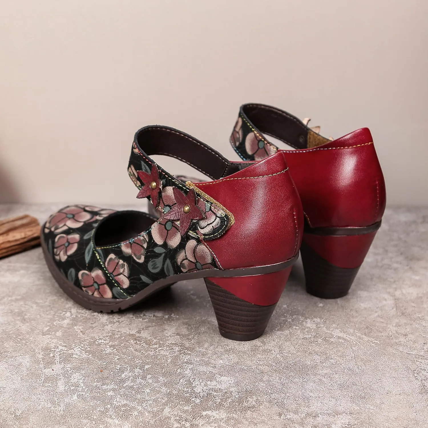 CrazycatZ Leather Mary Jane Shoes,Womens Patchword Pumps Vintage Mary Jane Shoes