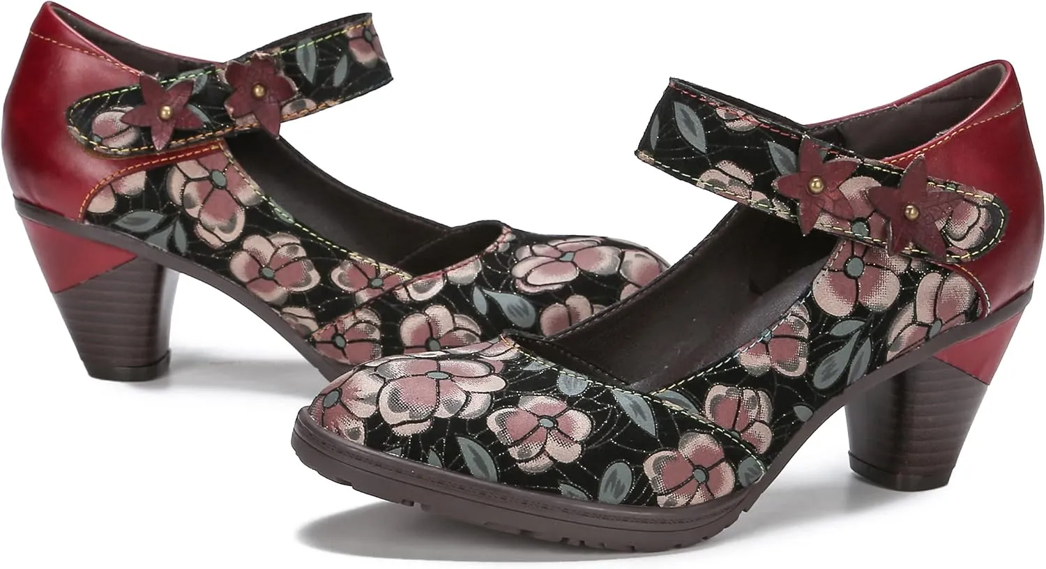 CrazycatZ Leather Mary Jane Shoes,Womens Patchword Pumps Vintage Mary Jane Shoes
