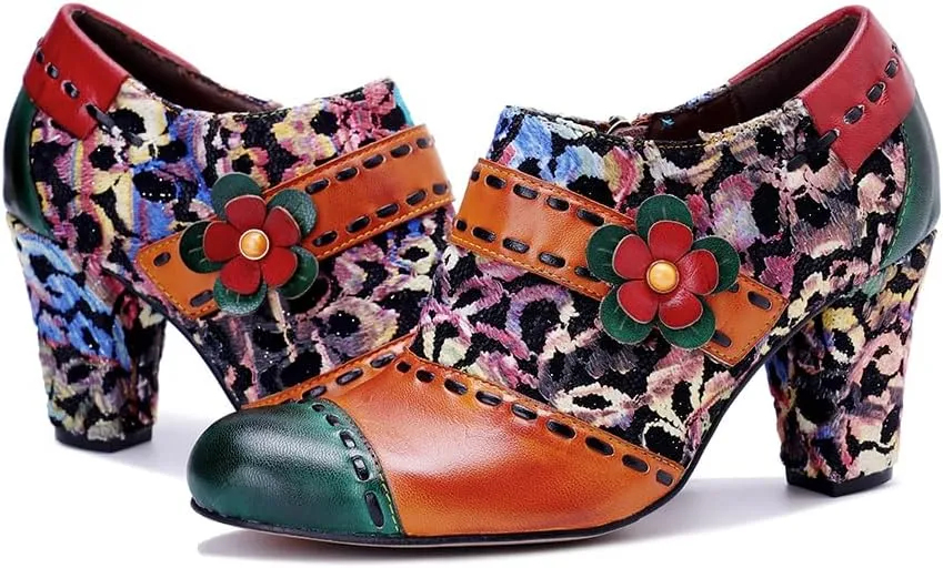 CrazycatZ Women's Leather Dressing Shoes Pumps,Colorful Block Heel Leather Dress Pumps