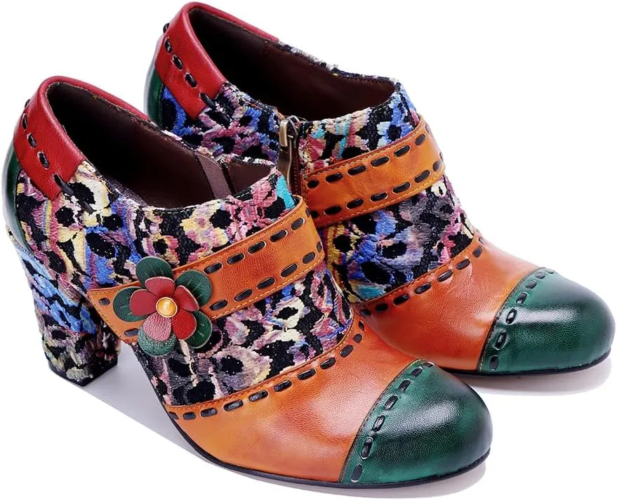 CrazycatZ Women's Leather Dressing Shoes Pumps,Colorful Block Heel Leather Dress Pumps