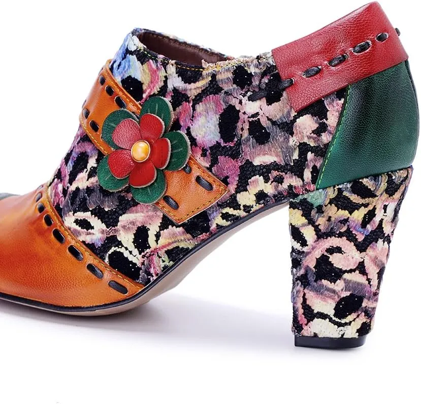 CrazycatZ Women's Leather Dressing Shoes Pumps,Colorful Block Heel Leather Dress Pumps