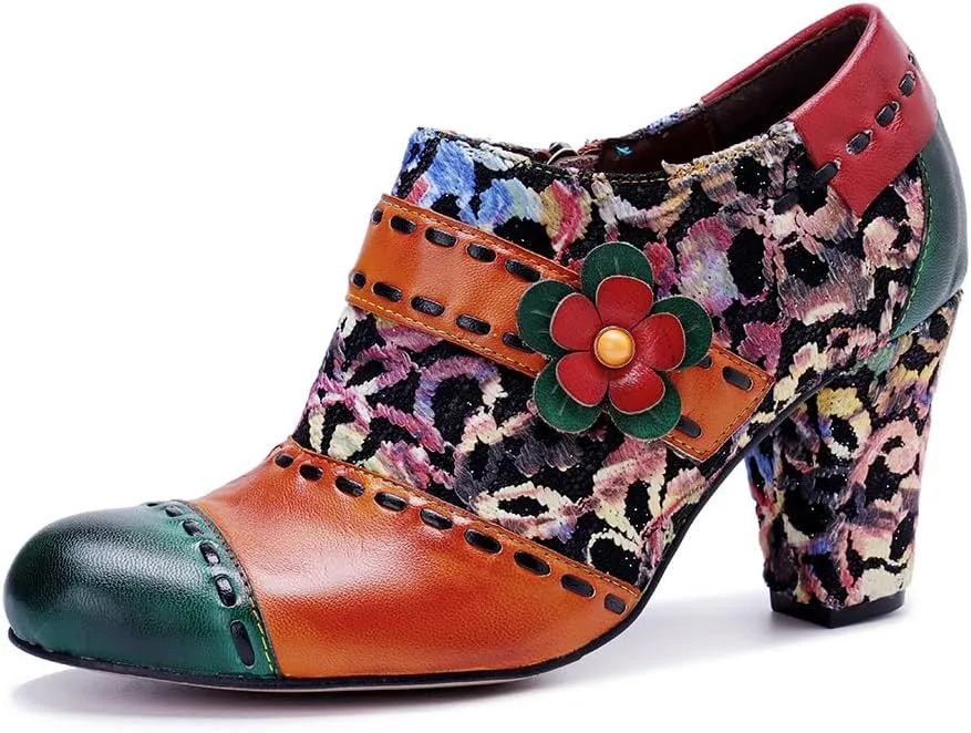 CrazycatZ Women's Leather Dressing Shoes Pumps,Colorful Block Heel Leather Dress Pumps