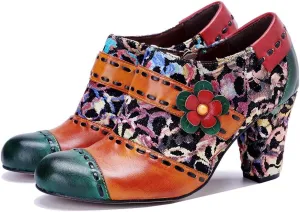 CrazycatZ Women's Leather Dressing Shoes Pumps,Colorful Block Heel Leather Dress Pumps
