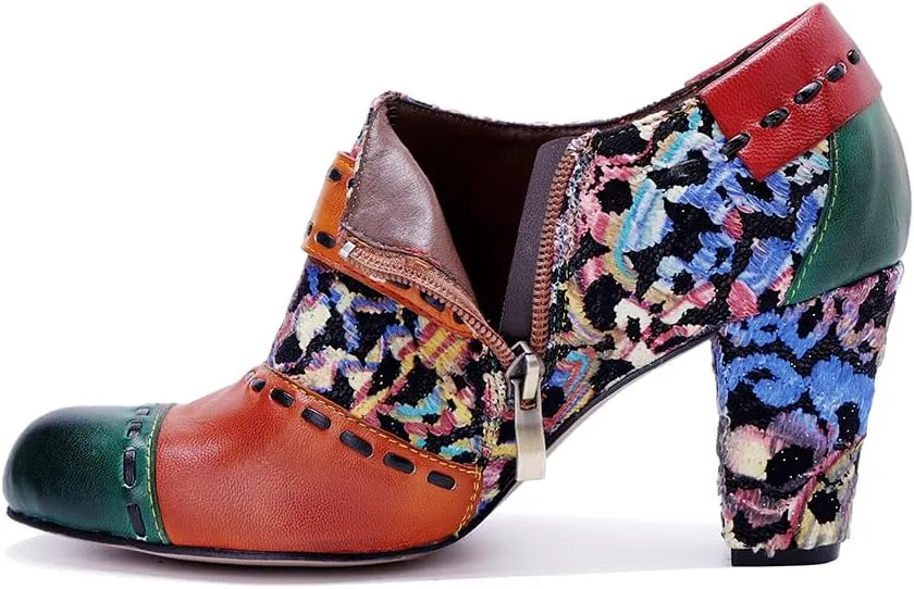 CrazycatZ Women's Leather Dressing Shoes Pumps,Colorful Block Heel Leather Dress Pumps