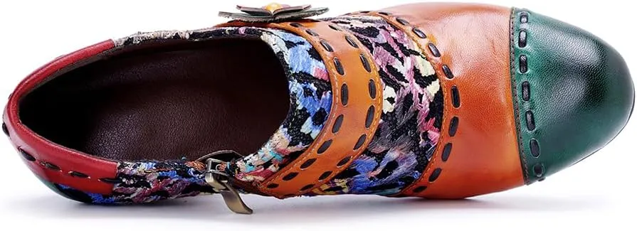 CrazycatZ Women's Leather Dressing Shoes Pumps,Colorful Block Heel Leather Dress Pumps