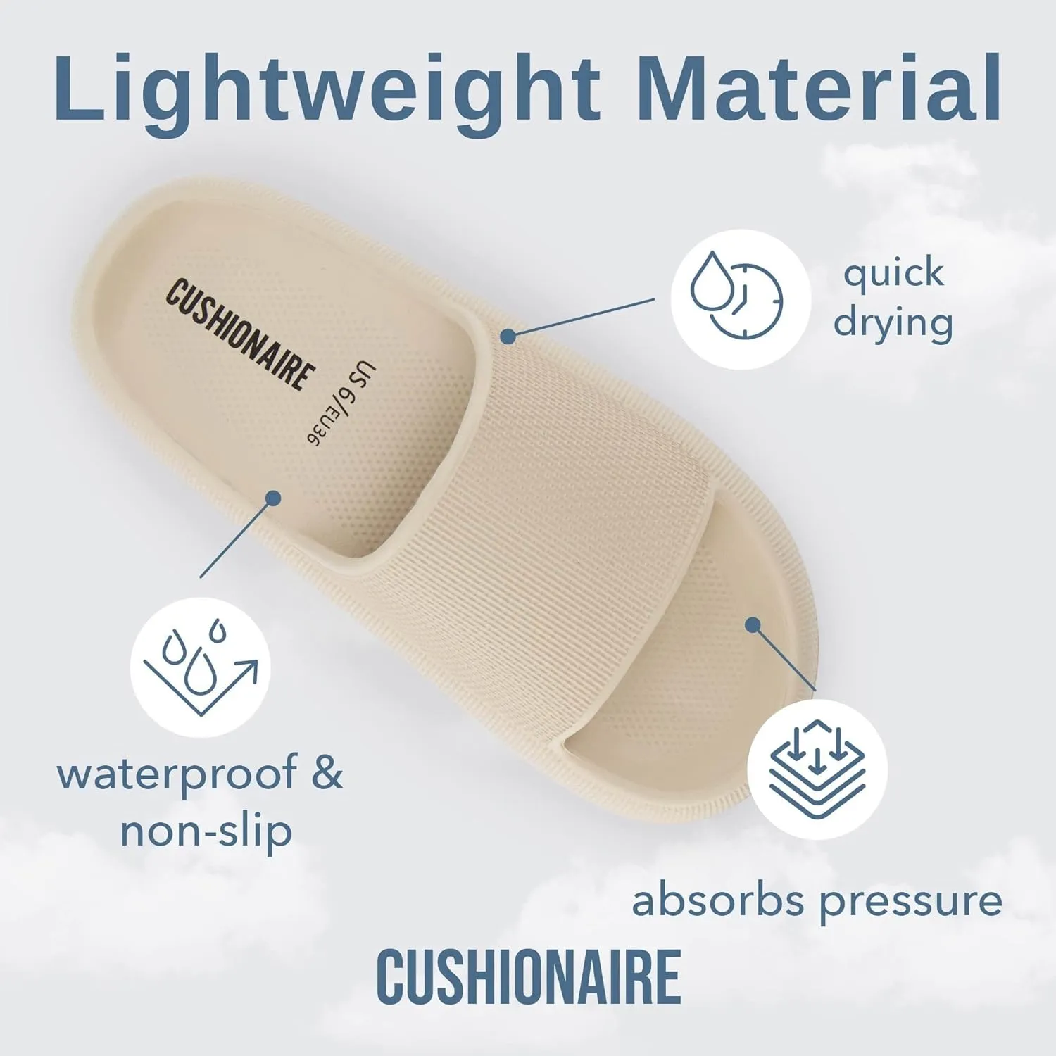 CUSHIONAIRE Feather Slides – Comfortable Cloud Cushion House Slippers for Women, Indoor Outdoor EVA Foam Foot Spa Shower Shoes, Non-Slip Arch Support
