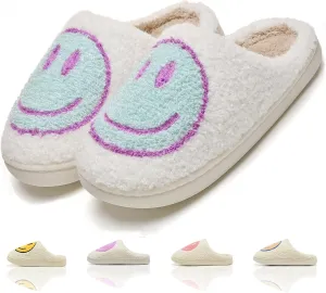 Cute House Slippers for Women & Men - Memory Foam Retro Happy Face Shoes - Cozy Indoor/Outdoor Fuzzy Plush Slip-On Comfy Trendy