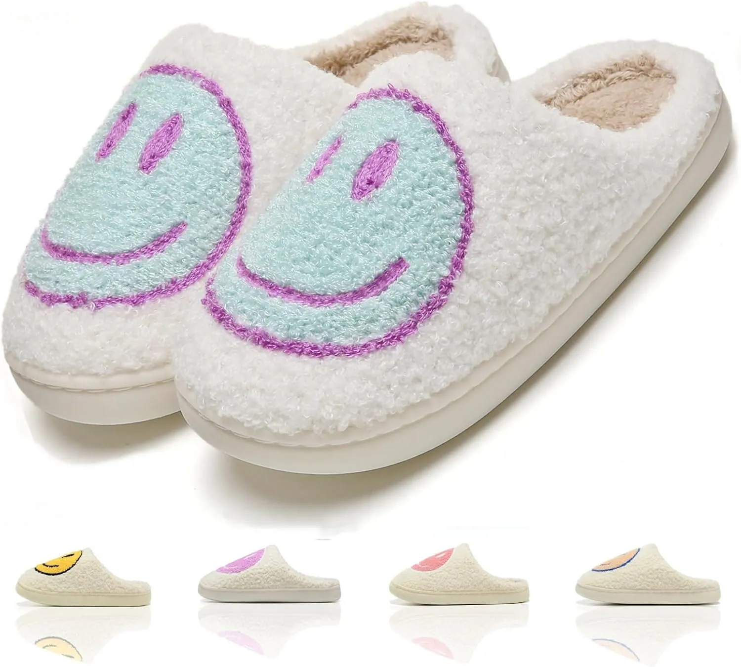 Cute House Slippers for Women & Men - Memory Foam Retro Happy Face Shoes - Cozy Indoor/Outdoor Fuzzy Plush Slip-On Comfy Trendy