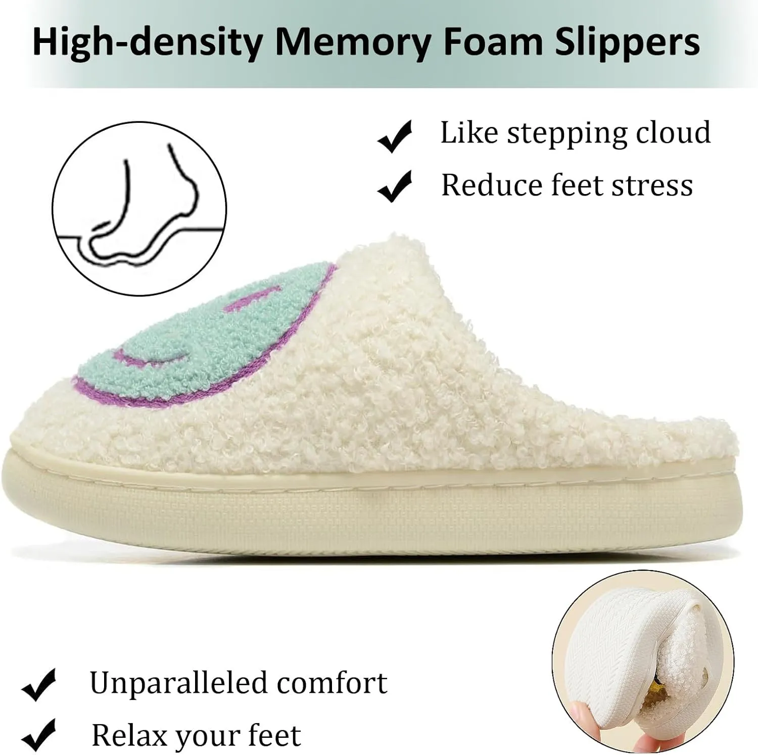 Cute House Slippers for Women & Men - Memory Foam Retro Happy Face Shoes - Cozy Indoor/Outdoor Fuzzy Plush Slip-On Comfy Trendy