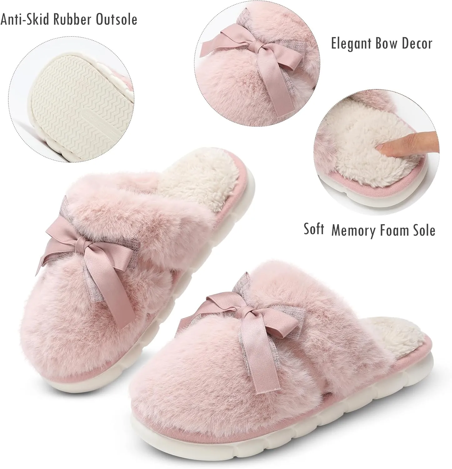 Cute Women's Memory Foam House Slippers - Fuzzy Plush Faux Fur Slippers with Bow Butterfly Tie - Anti-Skid Indoor/Outdoor Gifts for Women, Moms & Ladies