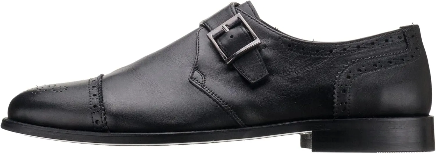 DALGALA Men's Black Leather Handmade Monk Strap Lightweight Brogue Dress Shoes