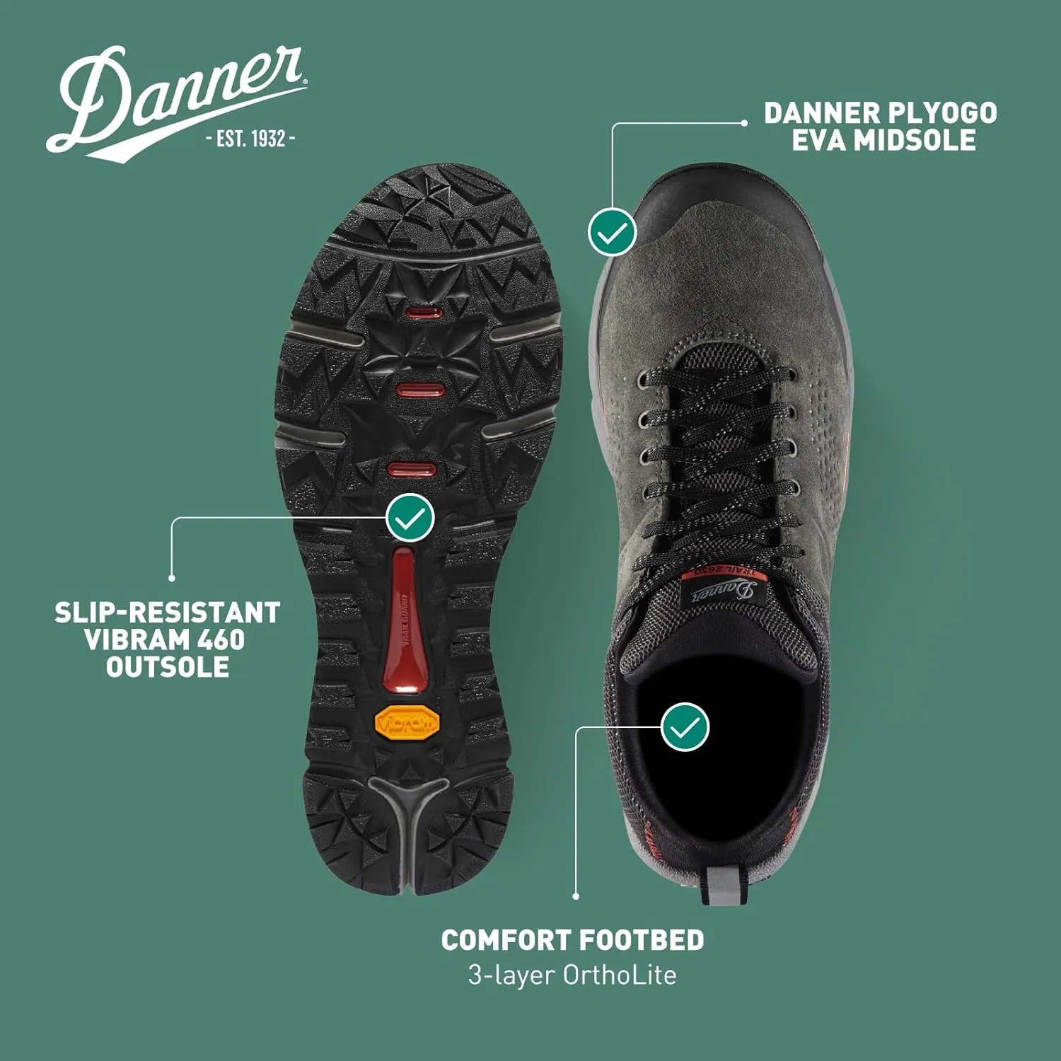 Danner Trail 2650 3” Hiking Shoes for Women - Durable Suede & Textile Upper with Breathable Mesh Lining, Ortholite Footbed & Vibram Traction Outsole