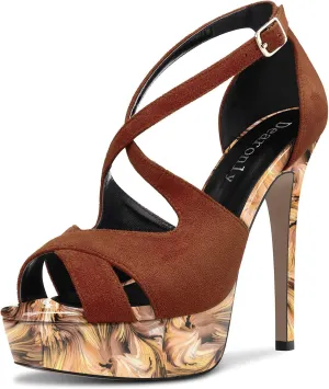 DearOnly Women Platform Stiletto High Heel Peep Open Toe Pumps Cross-Strap Ankle Strap Wedding Cute Shoes