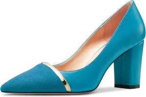 DearOnly Womens Mid Chunky Block Heel Pointed Cap Toe Pumps Slip-on Patchwork Wedding Dress 3.2 Inches Heels