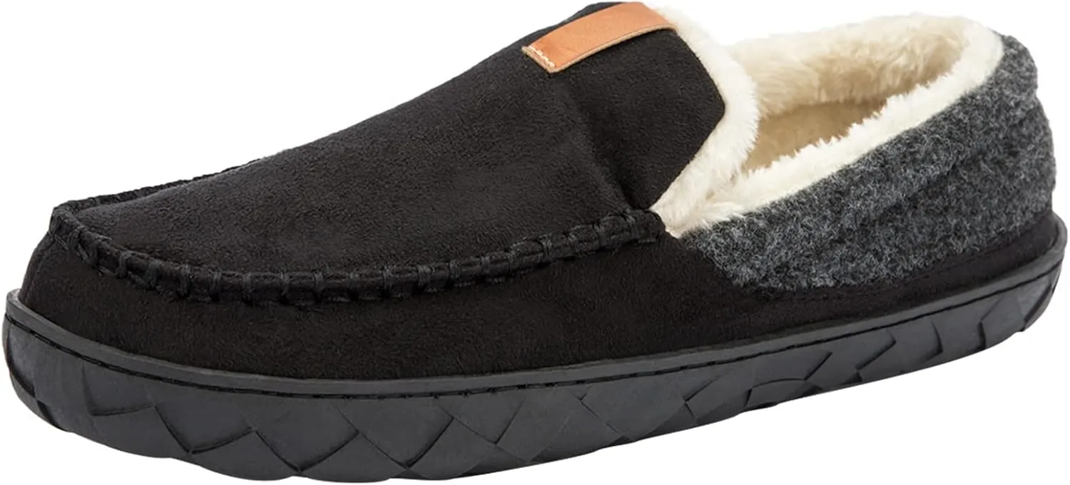 deenor Men's Moccasin House Slippers Cozy Memory Foam Bedroom Slippers Indoor Outdoor Non-slip Suede Slippers Plush Lining Size 10, Black