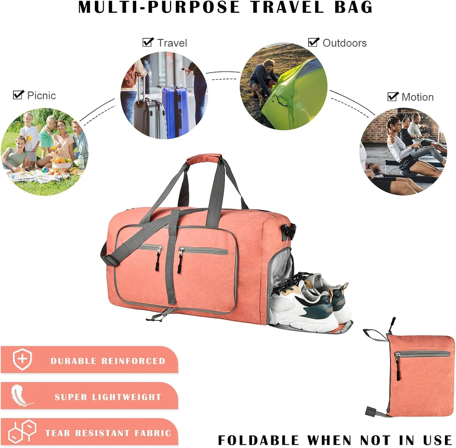 Dimayar 65L Travel Duffle Bag for Men Women - Foldable Duffel Bag with Shoes Compartment - Overnight Bags Waterproof & Tear Resistant(Orange)