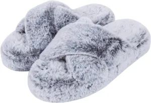 DL Fluffy Womens House Slippers Cross Band Open Toe, Soft Plush Fleece Bedroom Slippers Women Memory Foam, Comfy Fuzzy Slip On Non-Slip Womens Slippers Indoor Leopard Size
