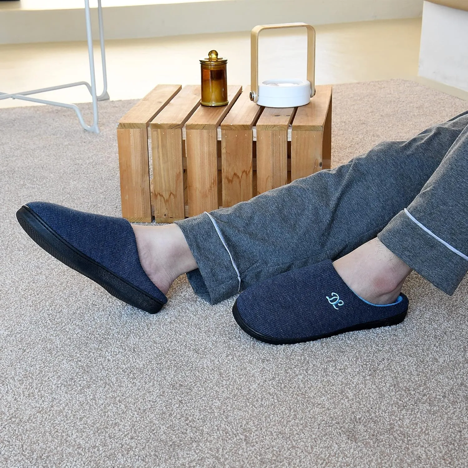 DL Mens Memory Foam Slippers - Comfortable House Slippers For Men, Indoor Outdoor, Closed Toe Black Gray Navy
