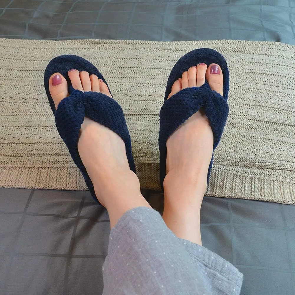 DL Women's Flip Flop Memory Foam Slippers with Cozy Terry Lining Soft Thong Slippers Slip on House Shoes with Indoor Outdoor Arch Support Rubber Sole