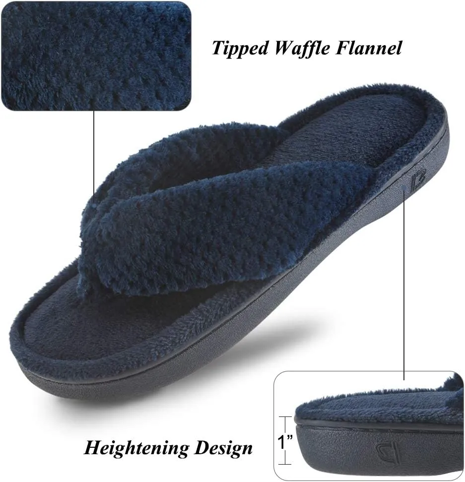 DL Women's Flip Flop Memory Foam Slippers with Cozy Terry Lining Soft Thong Slippers Slip on House Shoes with Indoor Outdoor Arch Support Rubber Sole