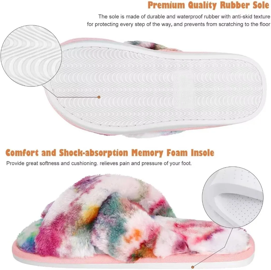 DOIOWN Women's Fuzzy Slippers Memory Foam Cute House Slippers Plush Fluffy Furry Open Toe Home Shoes Bridal Bridesmaid Gifts for Wedding