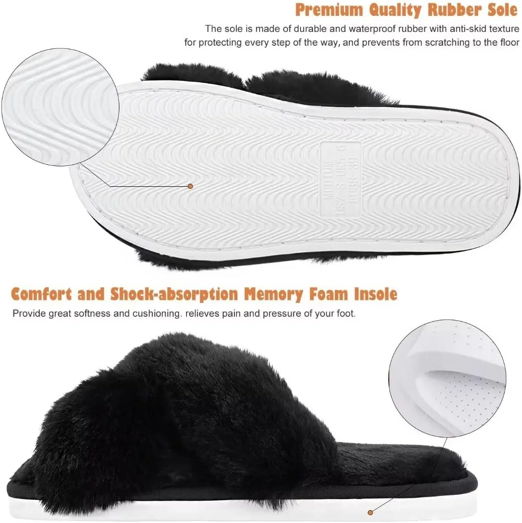 DOIOWN Women's Fuzzy Slippers Memory Foam Cute House Slippers Plush Fluffy Furry Open Toe Home Shoes Bridal Bridesmaid Gifts for Wedding