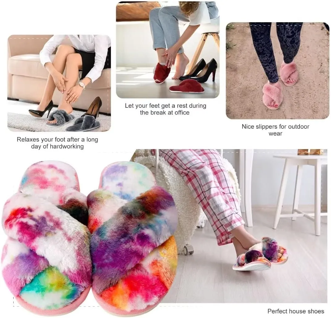DOIOWN Women's Fuzzy Slippers Memory Foam Cute House Slippers Plush Fluffy Furry Open Toe Home Shoes Bridal Bridesmaid Gifts for Wedding
