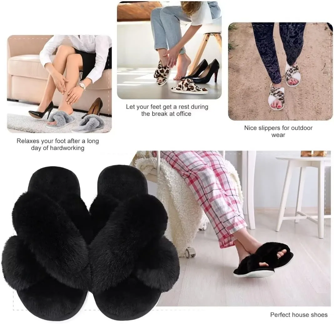 DOIOWN Women's Fuzzy Slippers Memory Foam Cute House Slippers Plush Fluffy Furry Open Toe Home Shoes Bridal Bridesmaid Gifts for Wedding