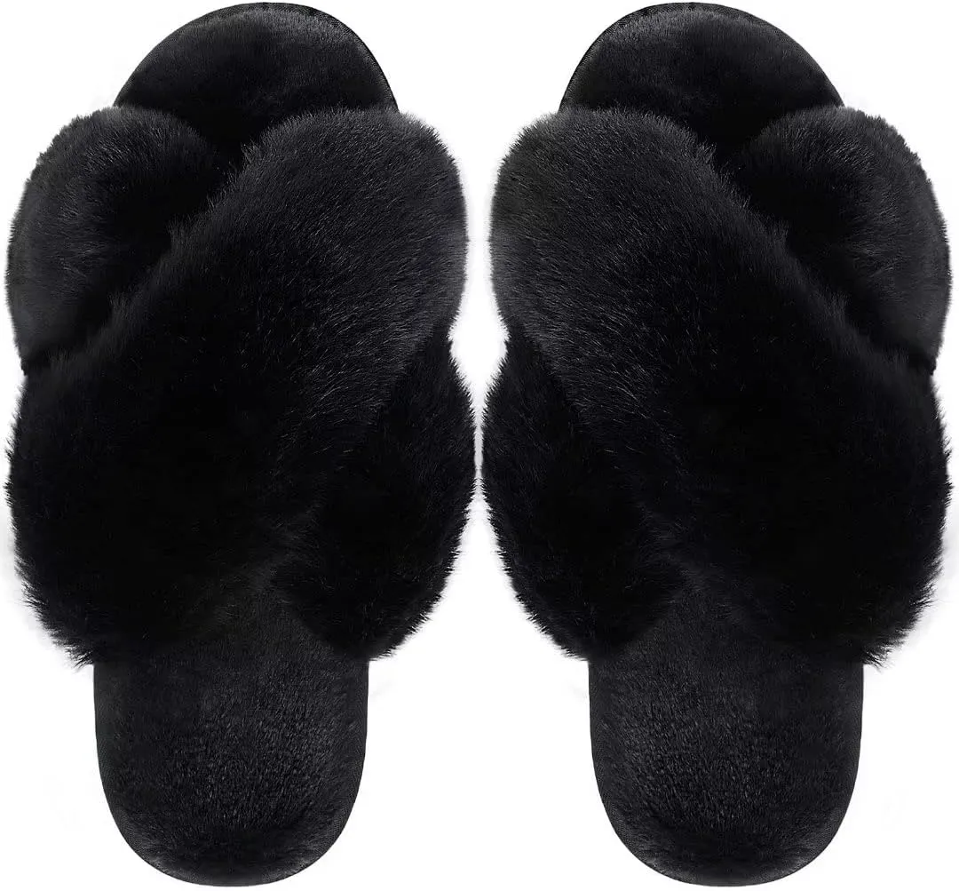 DOIOWN Women's Fuzzy Slippers Memory Foam Cute House Slippers Plush Fluffy Furry Open Toe Home Shoes Bridal Bridesmaid Gifts for Wedding