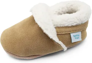 Dotty Fish Baby & Toddler Suede Slippers – Fleece Lined, Non-Slip Soft Sole Shoes – Warm Cozy Slippers for Boys & Girls – Ages 0-4