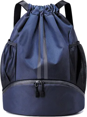 Drawstring Backpack String Gym Basketball Bag Napsack Workout Track Bag with Dry Wet Separation Pocket and Shoes Compartment(Navy Blue)