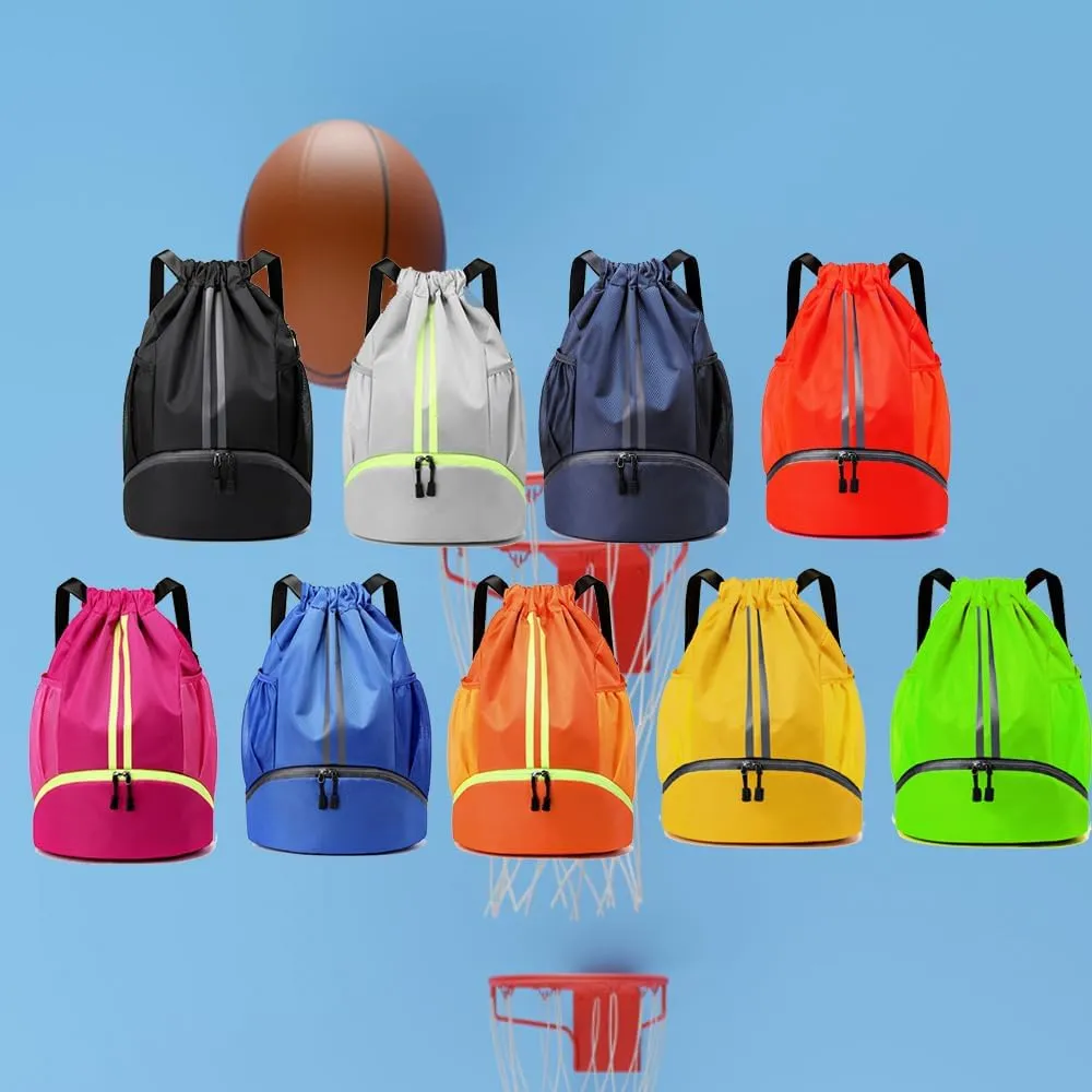 Drawstring Backpack String Gym Basketball Bag Napsack Workout Track Bag with Dry Wet Separation Pocket and Shoes Compartment(Navy Blue)