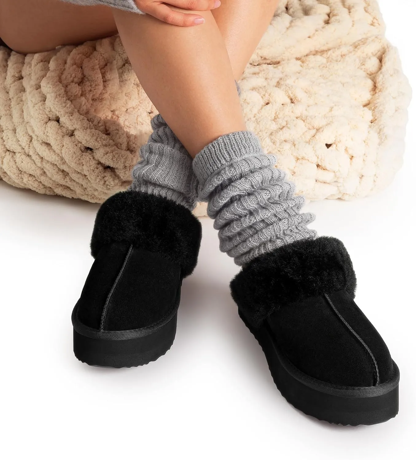 DREAM PAIRS Platform Slippers for Women Genuine Suede FuzzyEasy Cozy Memory Foam Waterproof Slippers Shoes for Indoor and Outdoor