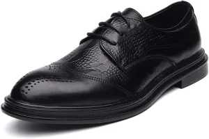 Dress Shoes for Men Lace Up Brogue Embossed Wing Tip Crocodile Print Burnished Toe Low Top Block Heel Rubber Sole Prom Suitable for Many Occasions.