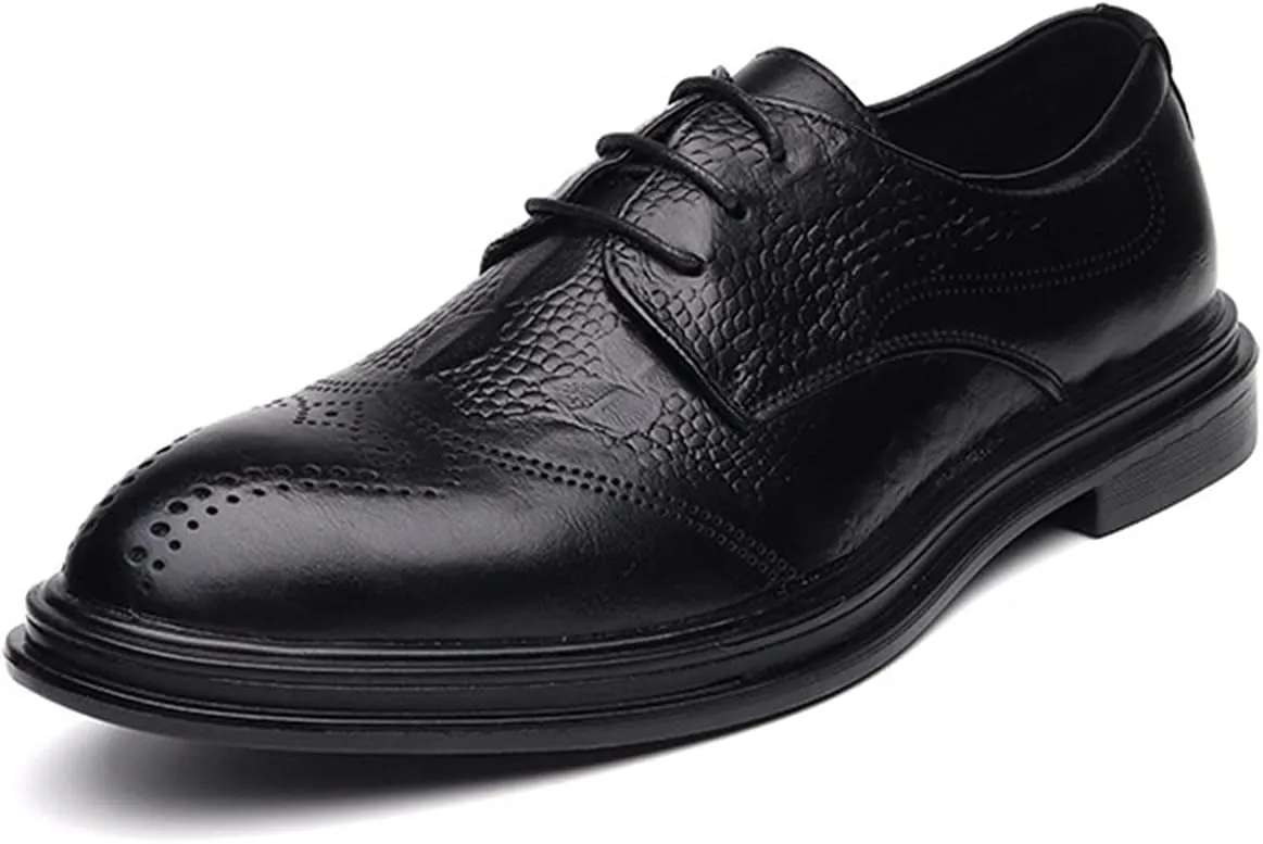 Dress Shoes for Men Lace Up Brogue Embossed Wing Tip Crocodile Print Burnished Toe Low Top Block Heel Rubber Sole Prom Suitable for Many Occasions.