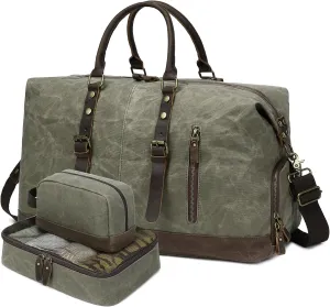 Duffel Bag for Travel: Leather Weekender Overnight Bag Vintage Waxed Canvas Duffle Bag with Shoe Compartment & 2 Packing Cubes, Waterproof Camping Gym Sports Bags for Mens (Army Green)