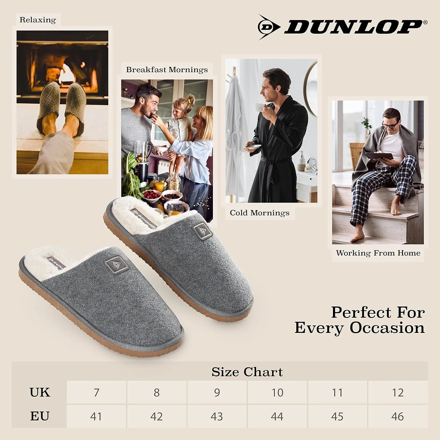 Dunlop Mens Slippers Open Back, Comfy Memory Foam Men Slippers with Rubber Sole, Indoor Outdoor Anti Slip House Shoes Comfort Plush, Gifts for Men