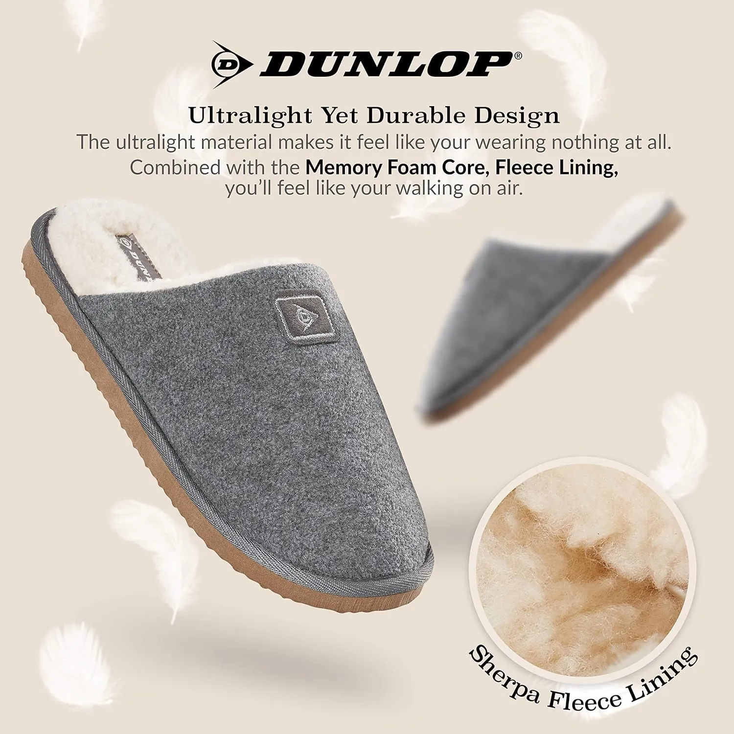 Dunlop Mens Slippers Open Back, Comfy Memory Foam Men Slippers with Rubber Sole, Indoor Outdoor Anti Slip House Shoes Comfort Plush, Gifts for Men