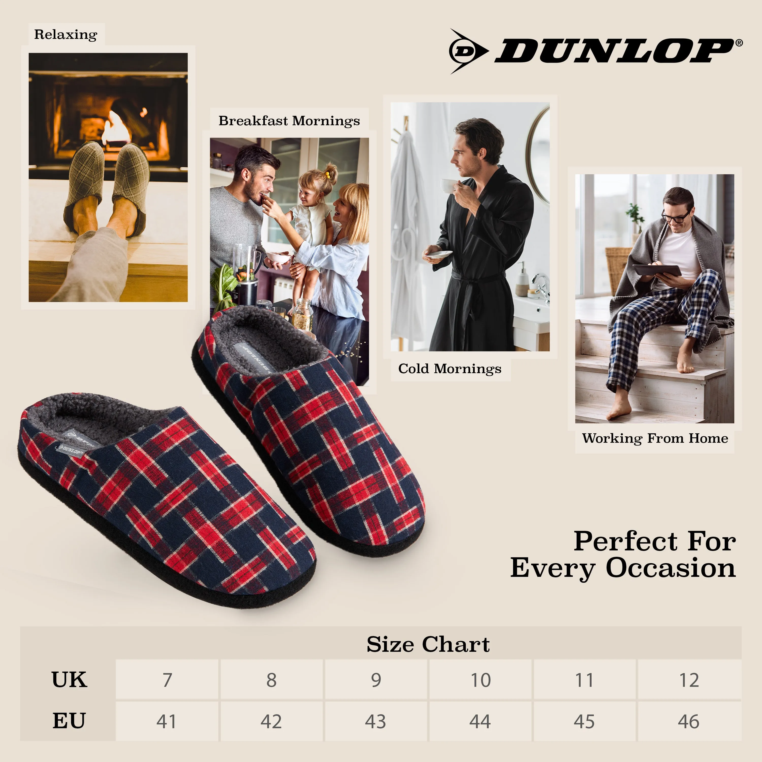 Dunlop Mens,Comfy Memory Foam Slippers,Warm Faux Sheepskin Anti Slip House Shoes