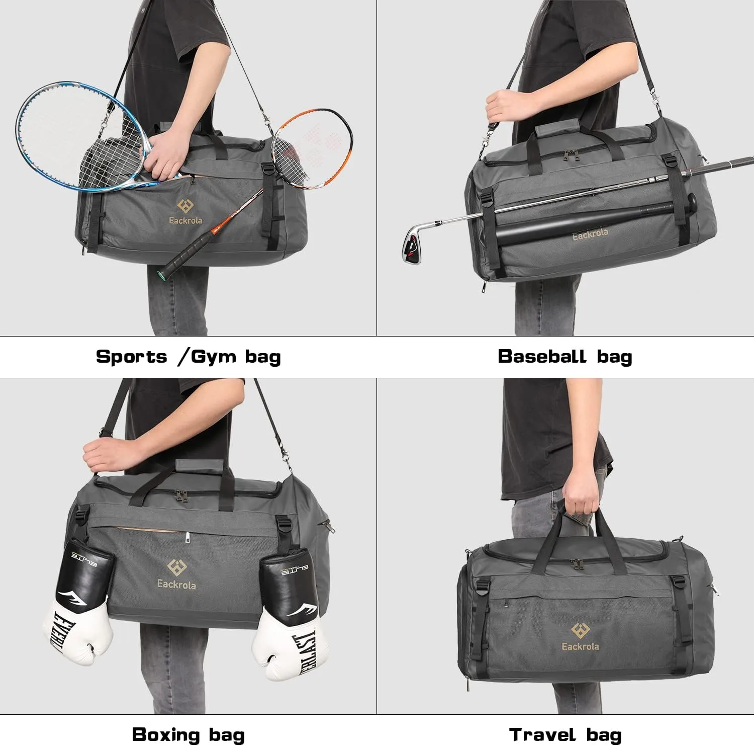 Eackrola Extra Large Sports Gym Bag, Travel Duffel bag with Wet Pocket & Shoes Compartment for men women, 85L, Lightweight （Gray）
