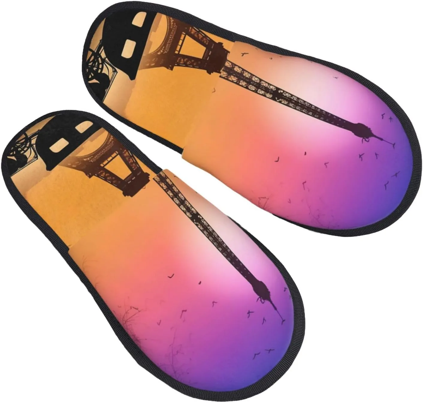 Eiffel Tower Sunset Couple silhouette Furry House Slippers for Women Men Soft Fuzzy Slippers Indoor Casual Plush House Shoes Medium