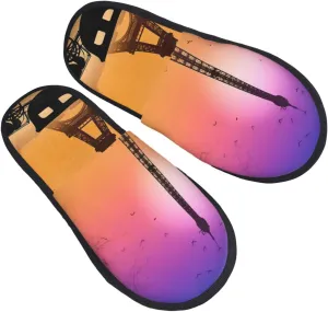 Eiffel Tower Sunset Couple silhouette Furry House Slippers for Women Men Soft Fuzzy Slippers Indoor Casual Plush House Shoes Medium
