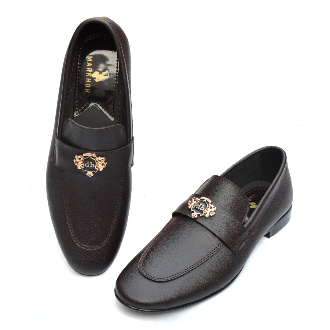 Elegant Brown Formal Shoes with Gold Crest Detailing MR323