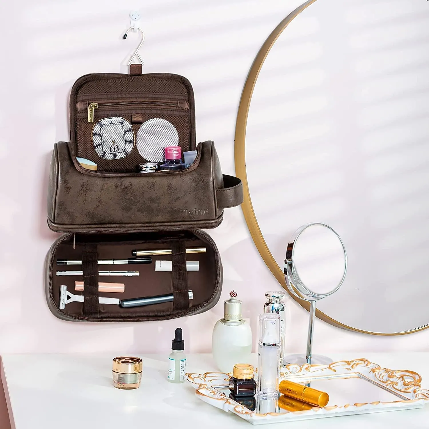 Elviros Toiletry Bag for Mens PU Leather Travel Organizer Kit with Hanging hook, Large Water-resistant Toiletries Bathroom Shaving Bags (Coffee)