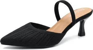 Enelauge Women's Low Kitten Heel Knit Pumps with Elastic Ankle Strap Pointed Closed Toe Slingback Comfortable Dress Wedding Shoes