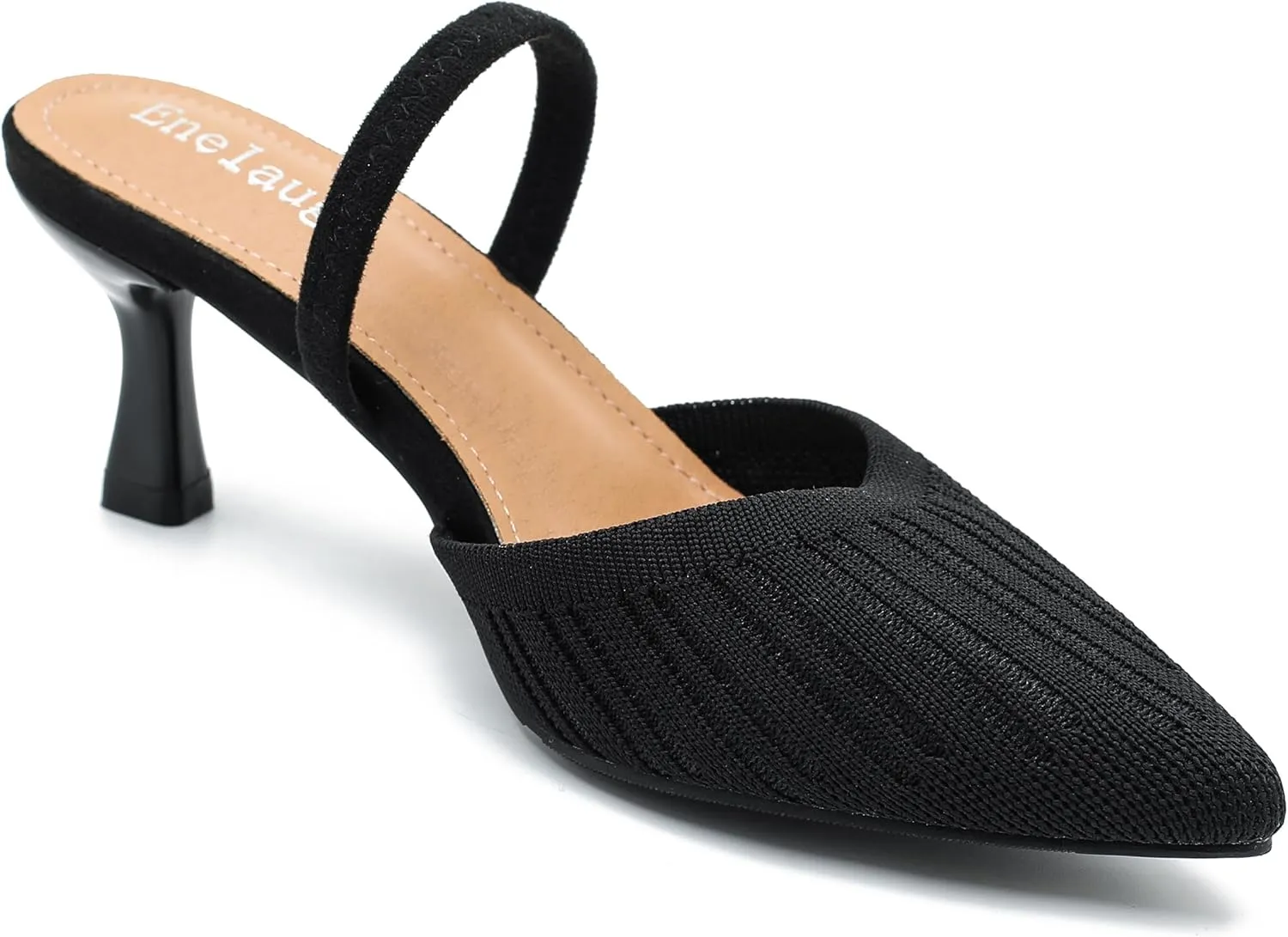 Enelauge Women's Low Kitten Heel Knit Pumps with Elastic Ankle Strap Pointed Closed Toe Slingback Comfortable Dress Wedding Shoes